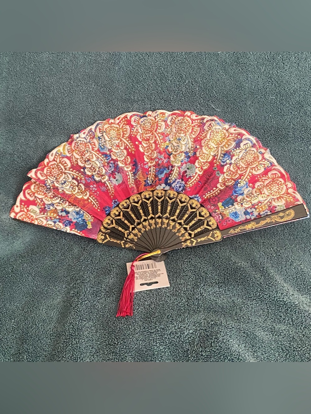 New Folding Hand Fan Red Gold Floral Black Plastic Handle Nylon Blades 15”W 9”H